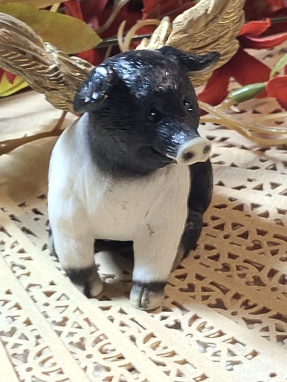 Vintage Black and White Ceramic Pig Figurine